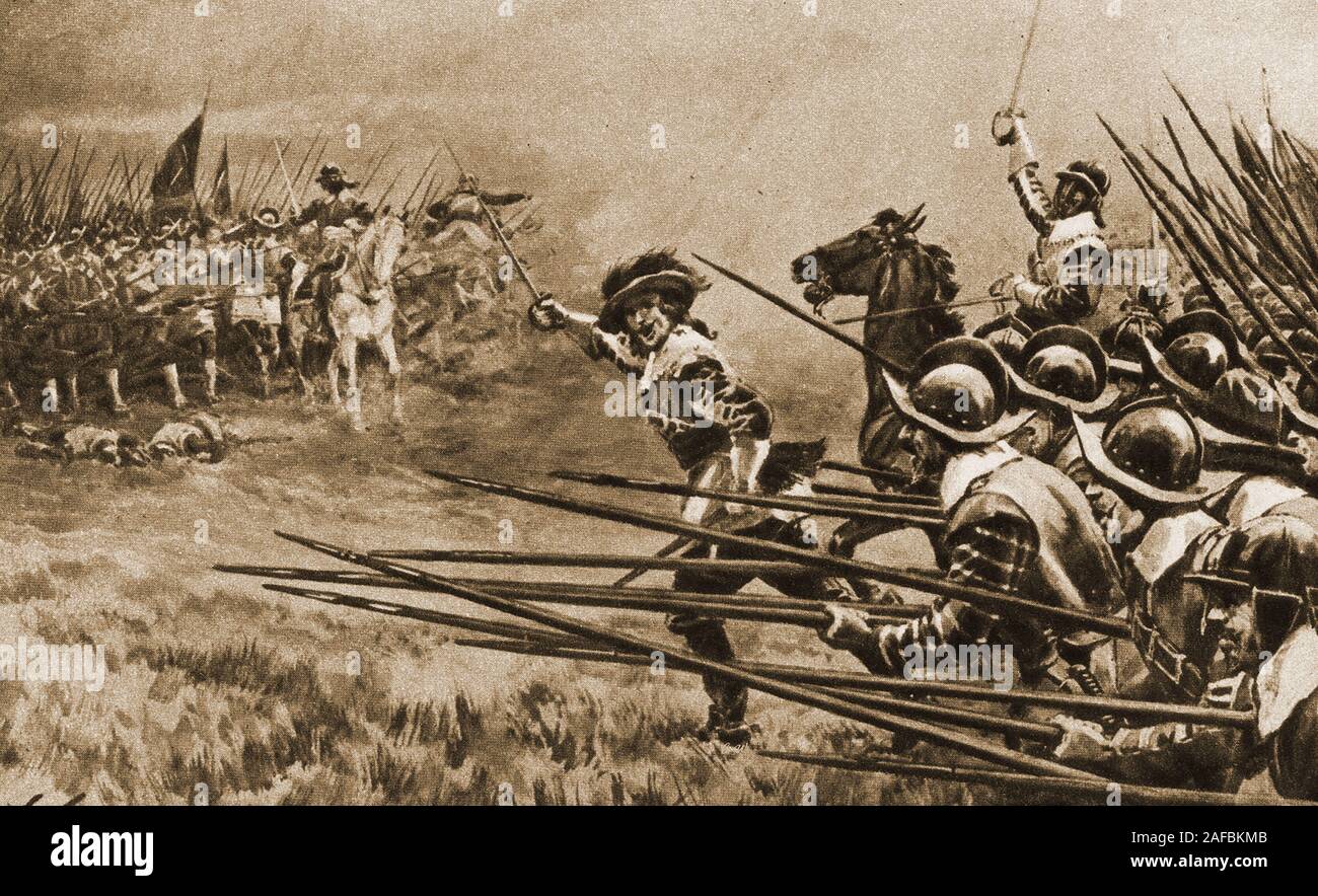 An old printed image showing a  scene from the Battle of Naseby  (Northamptonshire UK) June 14th 1645 fought between  the  Royalist army of King Charles I and the Parliamentarian New Model Army with Sir Thomas Fairfax and Oliver Cromwell.  Parliament  won the first civil war Stock Photo