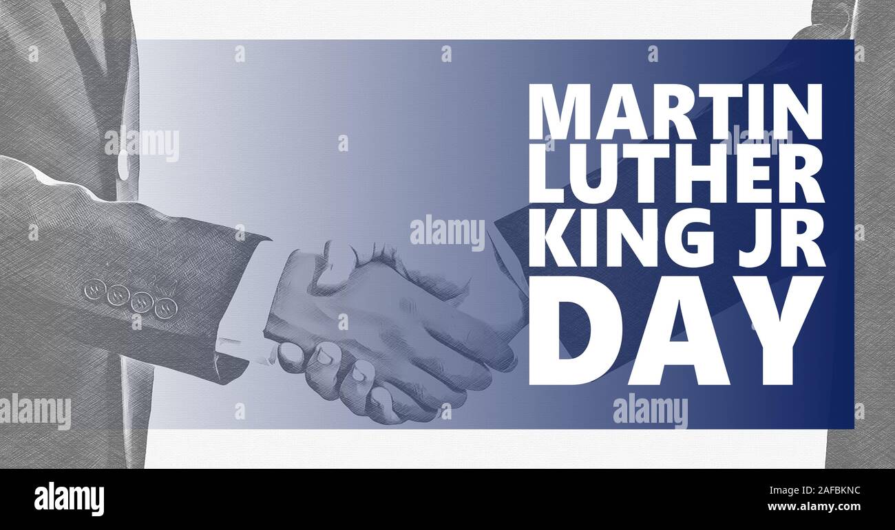 Martin Luther King jr day text. Black and white shaking hands background. MLK day, US national holiday, equality, stop racism concept. Stock Photo