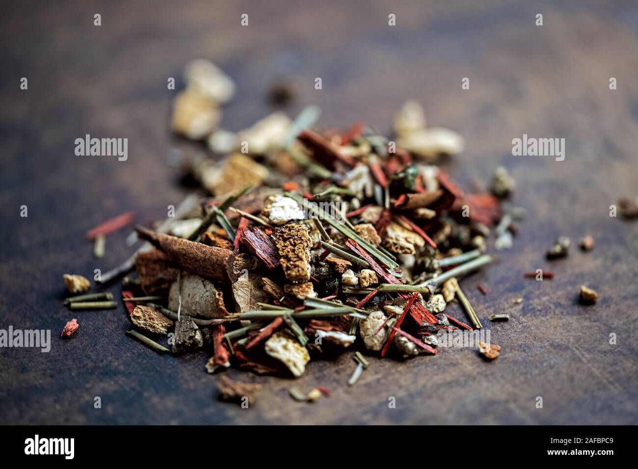 ingredients for incense dried herbs, tree bark, frankincense, resin and