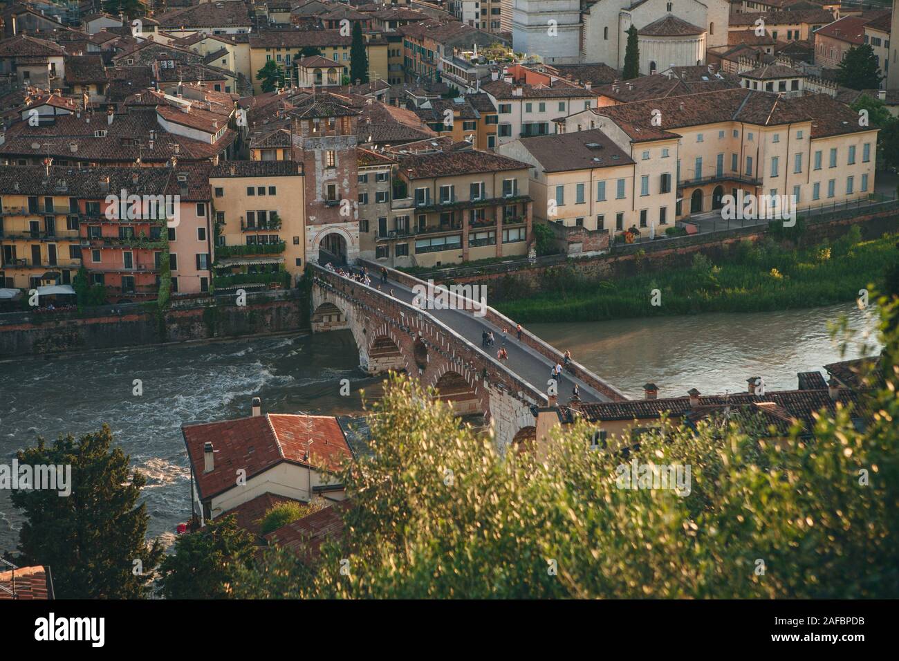 Aerial view of the Ponte Pietro bridge over the Adige River and ...