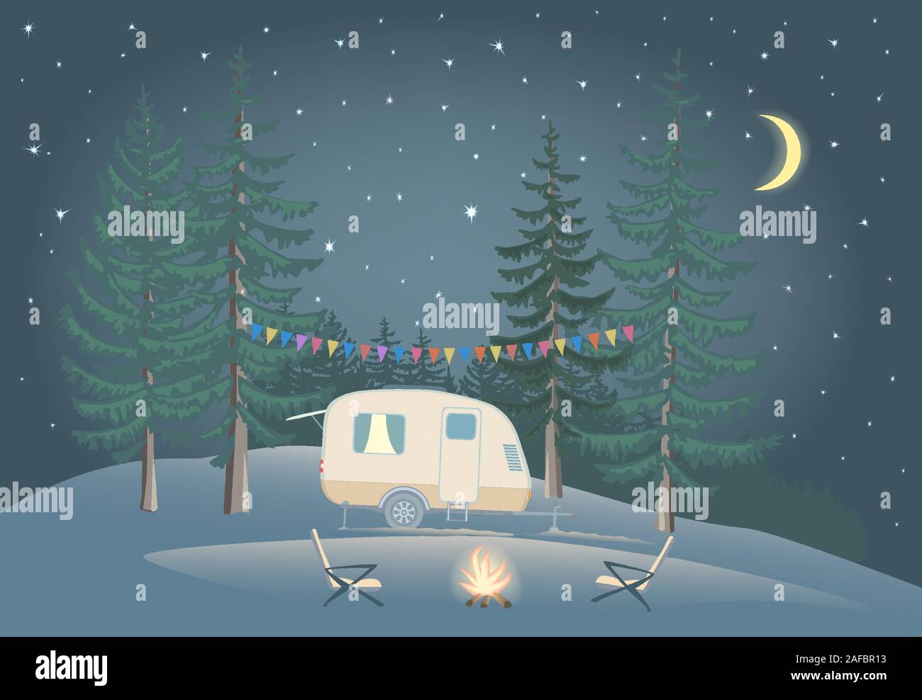 Travel Trailer in night forest with bonfire. Stock Vector