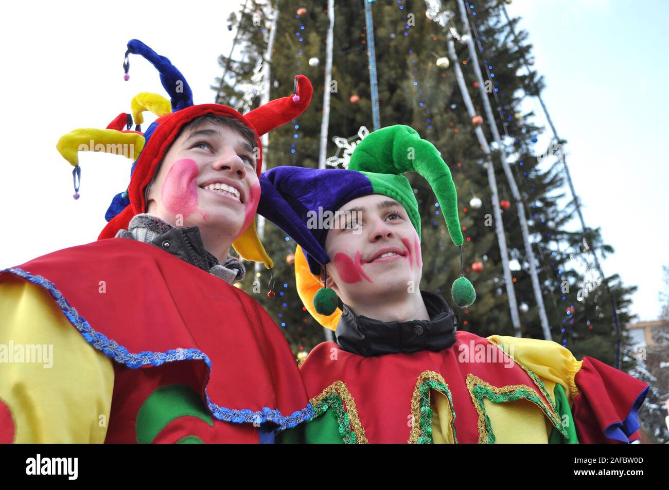 Cherkasy, Ukraine,December,24, 2011:Animators    took part in New year show in the city square near the Christmas tree Stock Photo