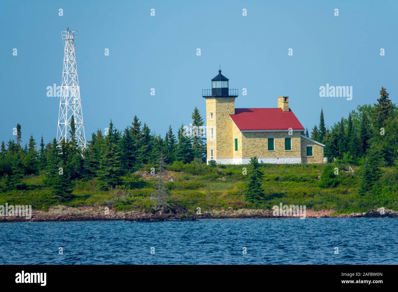 The Copper Harbor Light is a lighthouse located in the harbor of Copper Harbor, Michigan USA on the Keweenaw Peninsula of Upper Michigan inside Fort W Stock Photo