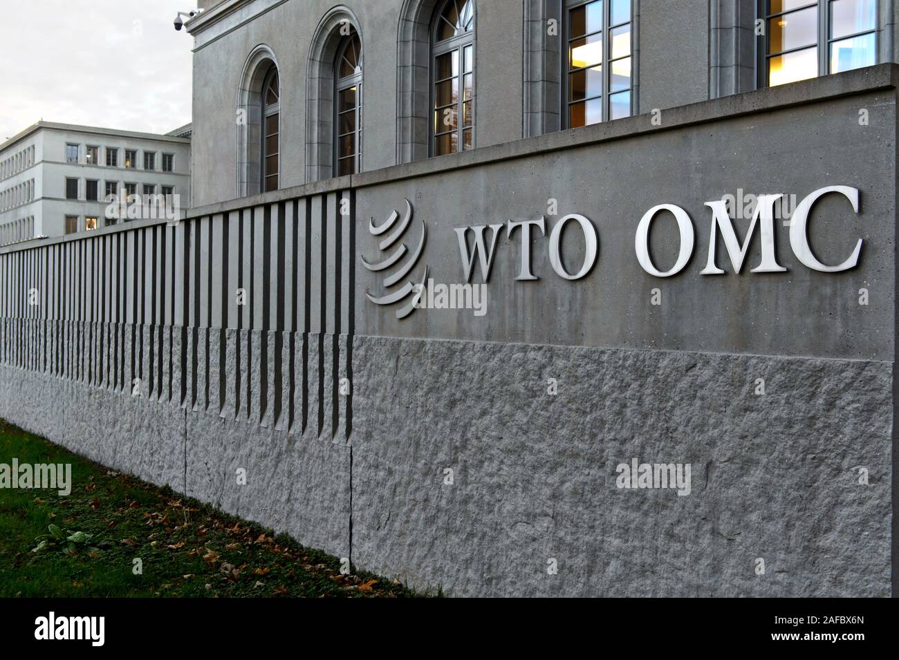High walls surrounding the headquarters of the World Trade Organization, WTO, at the Centre William Rappard, Geneva, Switzerland Stock Photo