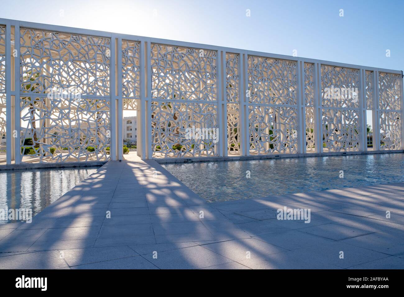 Doha, Qatar - May 26, 2017: Detail of the Ceremonial Court, Education City, designed by Arata Isozaki architects, taken during a late spring afternoon Stock Photo