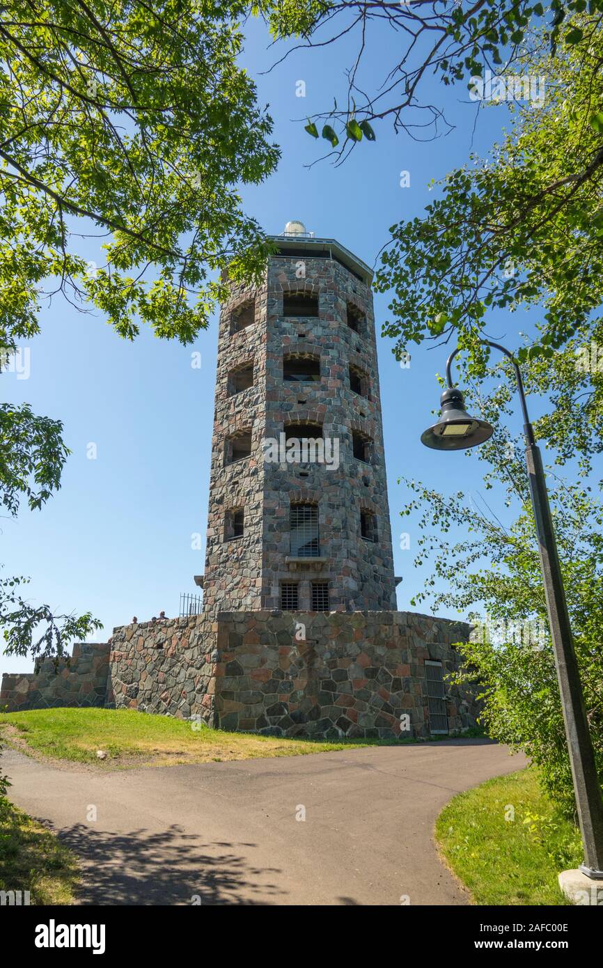 Enger Tower is an 80-foot, five-story stone observation tower atop Enger Hill in Duluth, Minnesota Stock Photo
