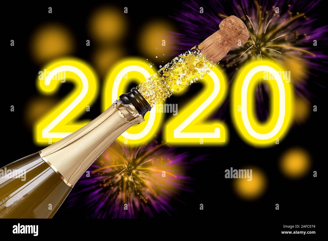 Cork popping out from bottle with champagne wine at party on black bokeh background with fireworks and 2020 written in neon letters. New Year evening Stock Photo