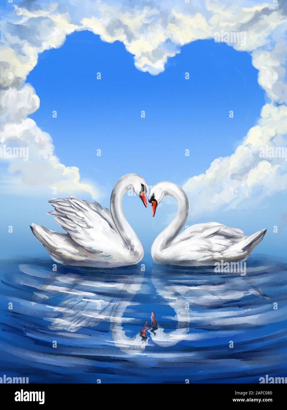 two white Swan birds on a pond together on the background of the sky with clouds in the shape of a heart, symbol of love, Valentine's day card, weddin Stock Photo