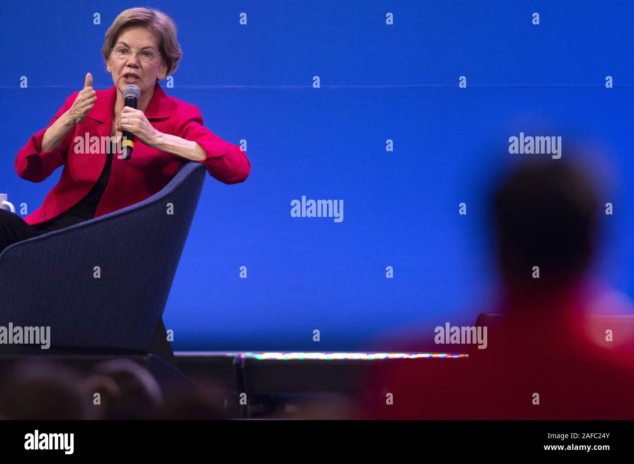 Pittsburgh, United States. 14th Dec, 2019. Sen. Elizabeth Warren answers questions from one of the attendees at the 'Public Education Forum 2020: Equity and Justice for All' on Saturday, December, 14, 2019 at the David L. Lawrence Convention Center in Pittsburgh. The Schott Foundation and eleven other public education groups are hosting seven top Democratic presidential candidates. Photo by Archie Carpenter/UPI Credit: UPI/Alamy Live News Stock Photo