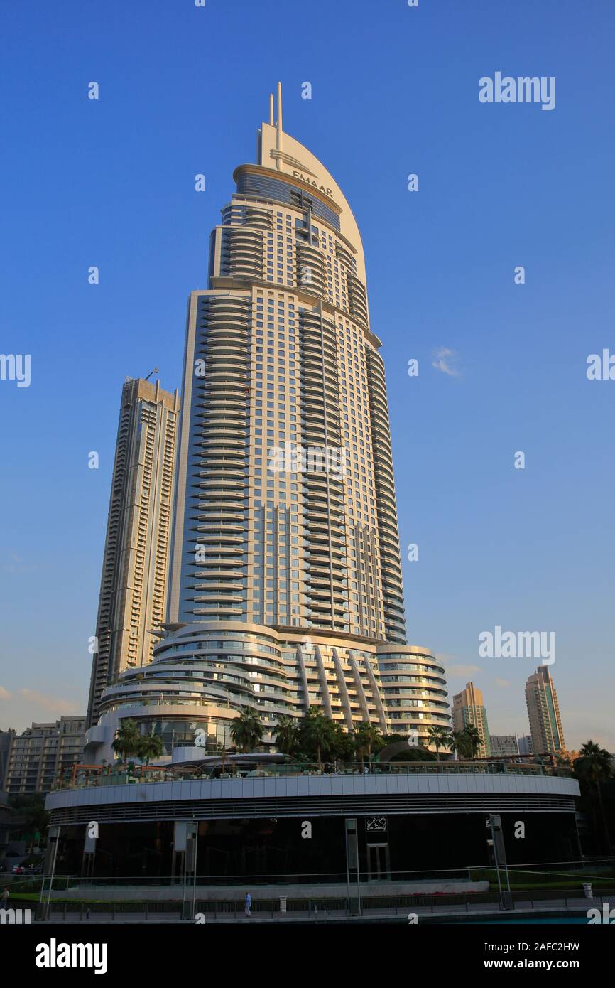 Dubai, UAE - Inside the downtown complex, the investment company Emaar skyscraper building. Stock Photo