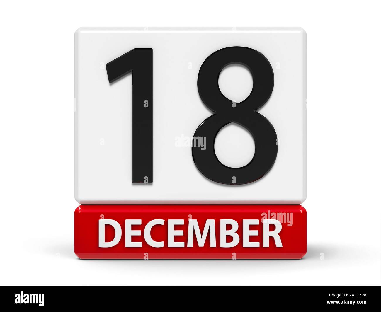 Red and white calendar icon from cubes - The Eighteenth of December - on a white table - International Migrants Day, Arabic Language Day, three-dimens Stock Photo