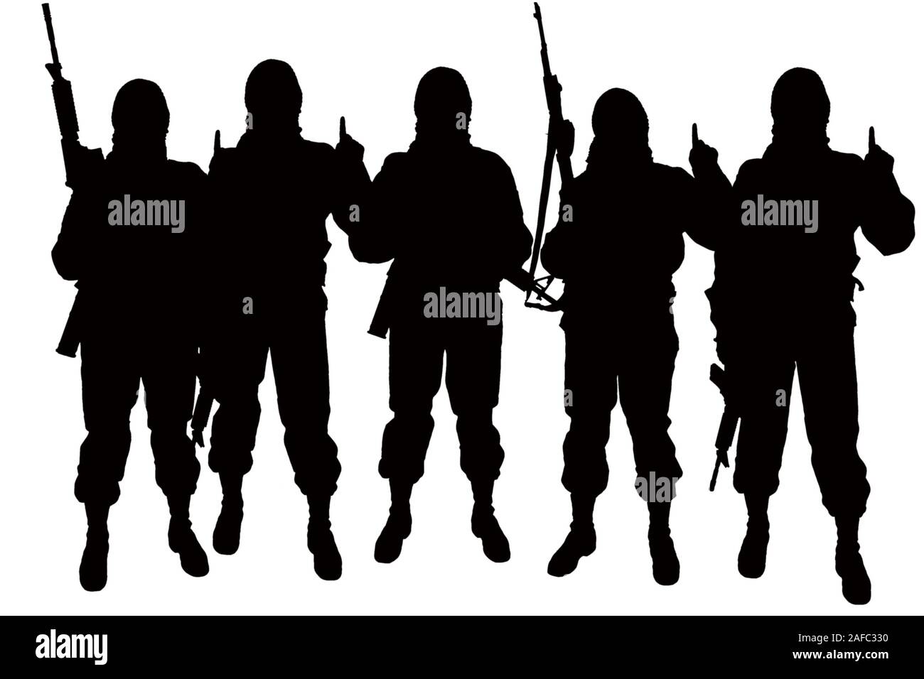 Silhouette of five terrorists posing with their weapons isolated on white background Stock Photo
