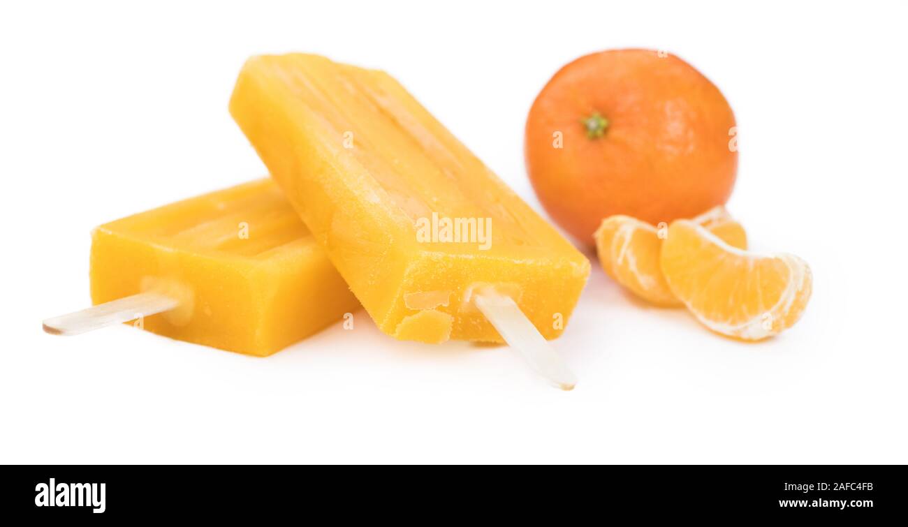 Tangerine Popsicles isolated on a white background (detailed close-up shot) Stock Photo