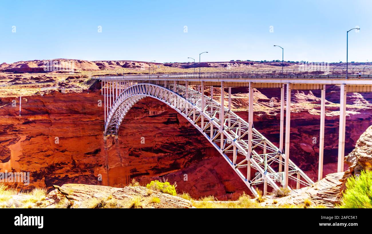 The Glen Canyon Bridge over the Colorado River viewed from the Glen Canyon Dam Overlook near Page, Arizona, United States Stock Photo