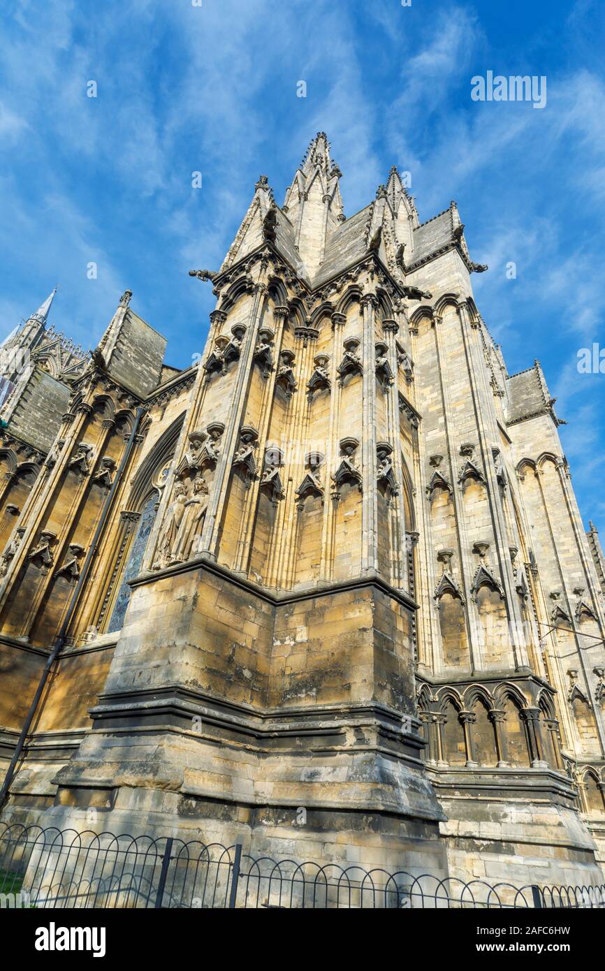 View from Minster Yard of the Gothic architecture of Lincoln Cathedral in the city of Lincoln, Lincolnshire, East Midlands, England, UK Stock Photo