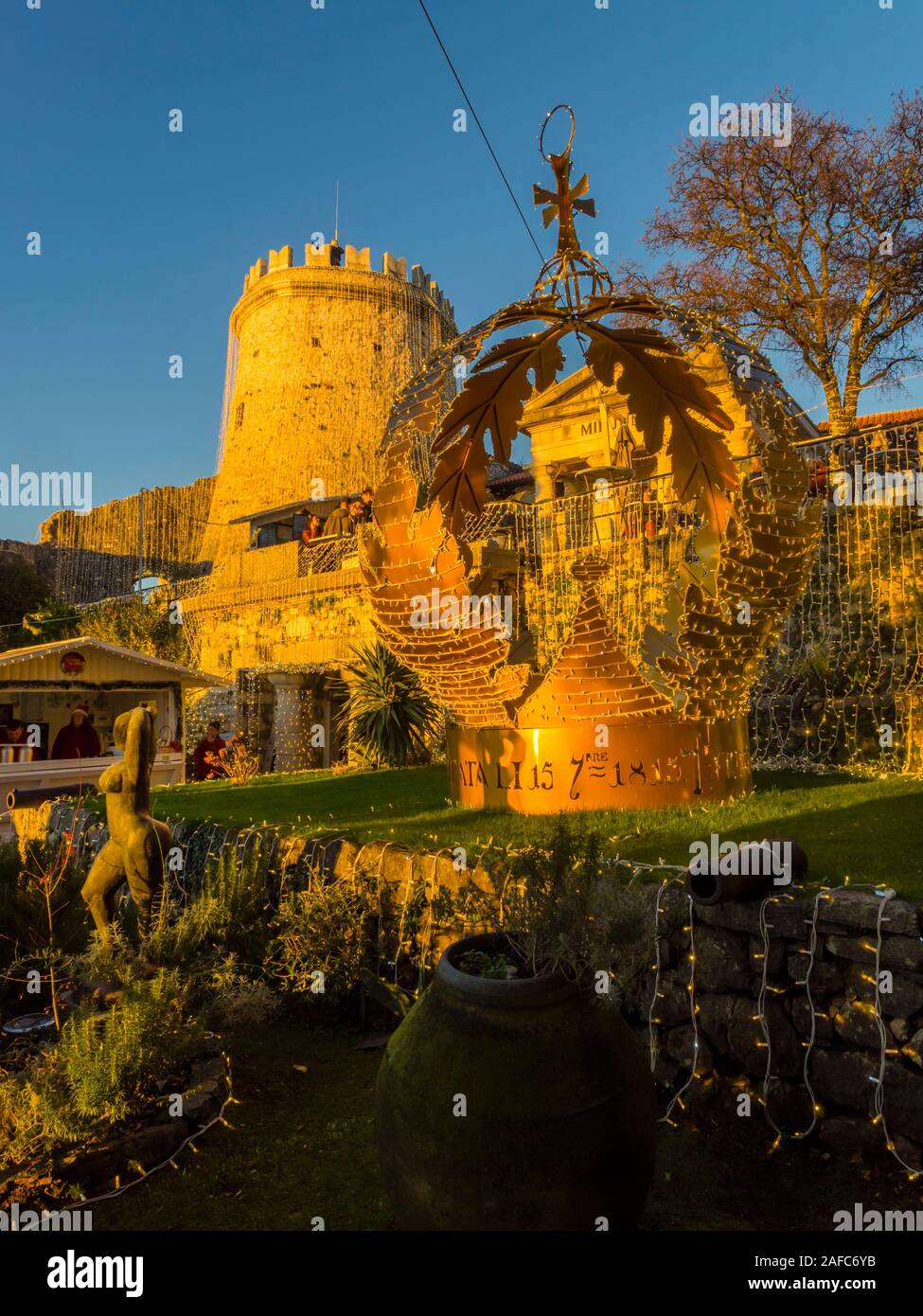 Inside trsat fort during sunset time golden-Yellow glow on interior town Rijeka in Croatia Europe Stock Photo