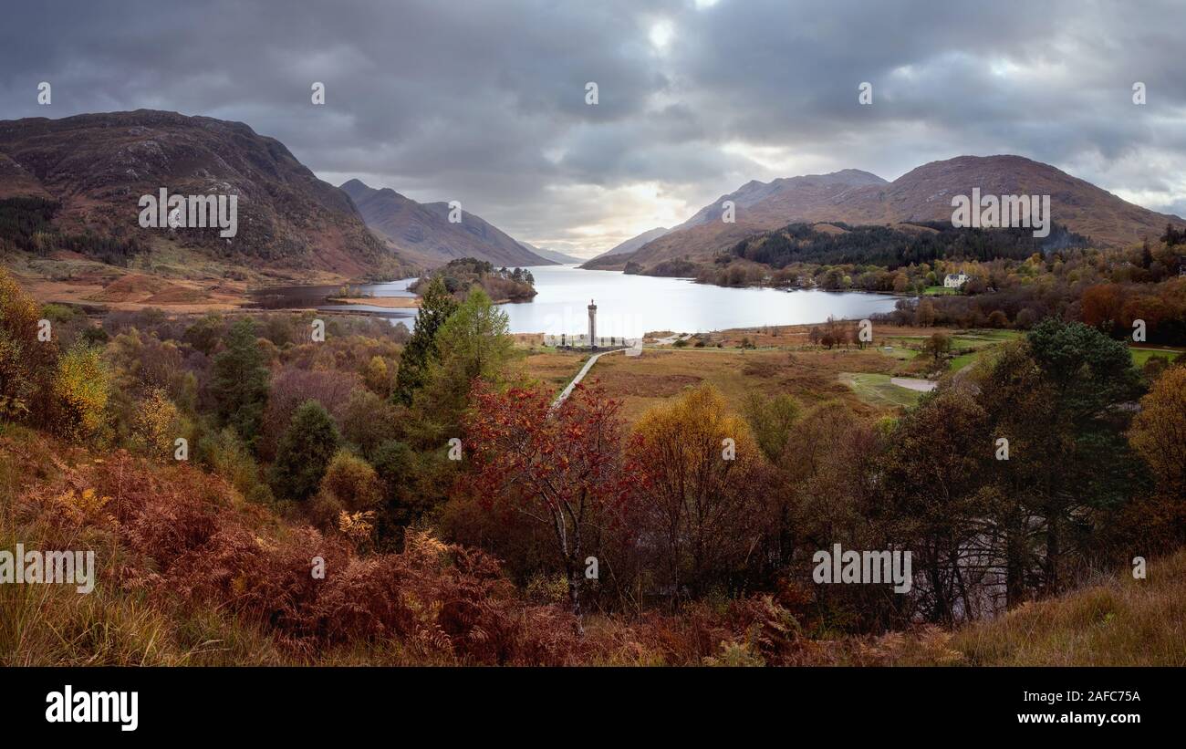 Panoramic view with famous Scottish lake Loch Shiel with Glenfinnan monument on sunset, Scotland. Stock Photo