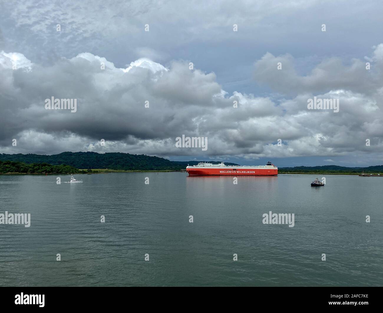 Panama - 11/6/19: The view from a cruise ship of ships in Gatun Lake ...