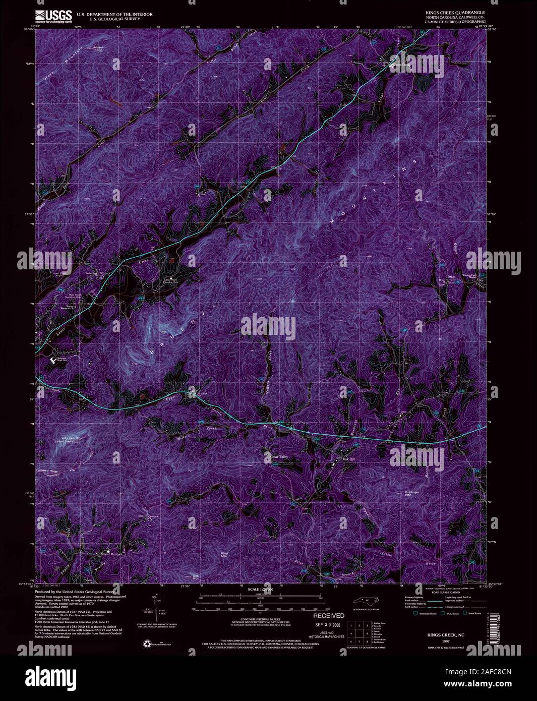 USGS TOPO Map North Carolina NC Kings Creek 162253 1997 24000 Inverted Restoration Stock Photo