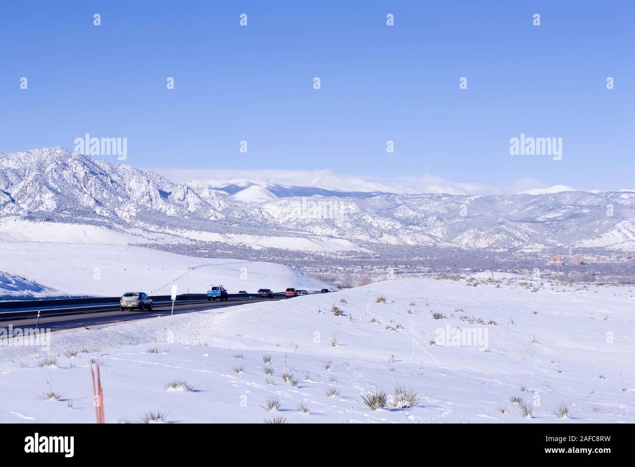 Highway in snow near Boulder, Colorado, USA Stock Photo