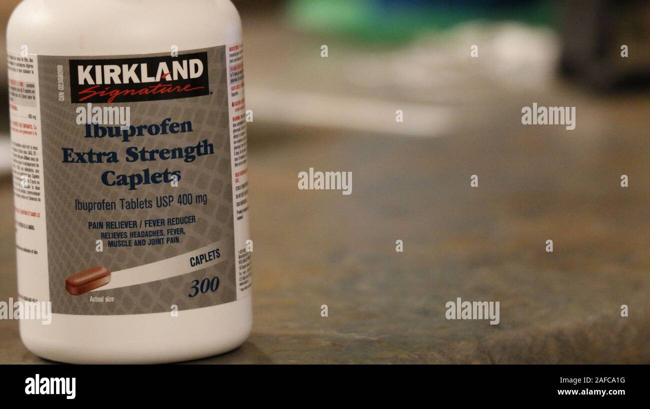 London Canada, December 13 2019 Editorial photo of kirkland ibuprofen pill container. Kirkland