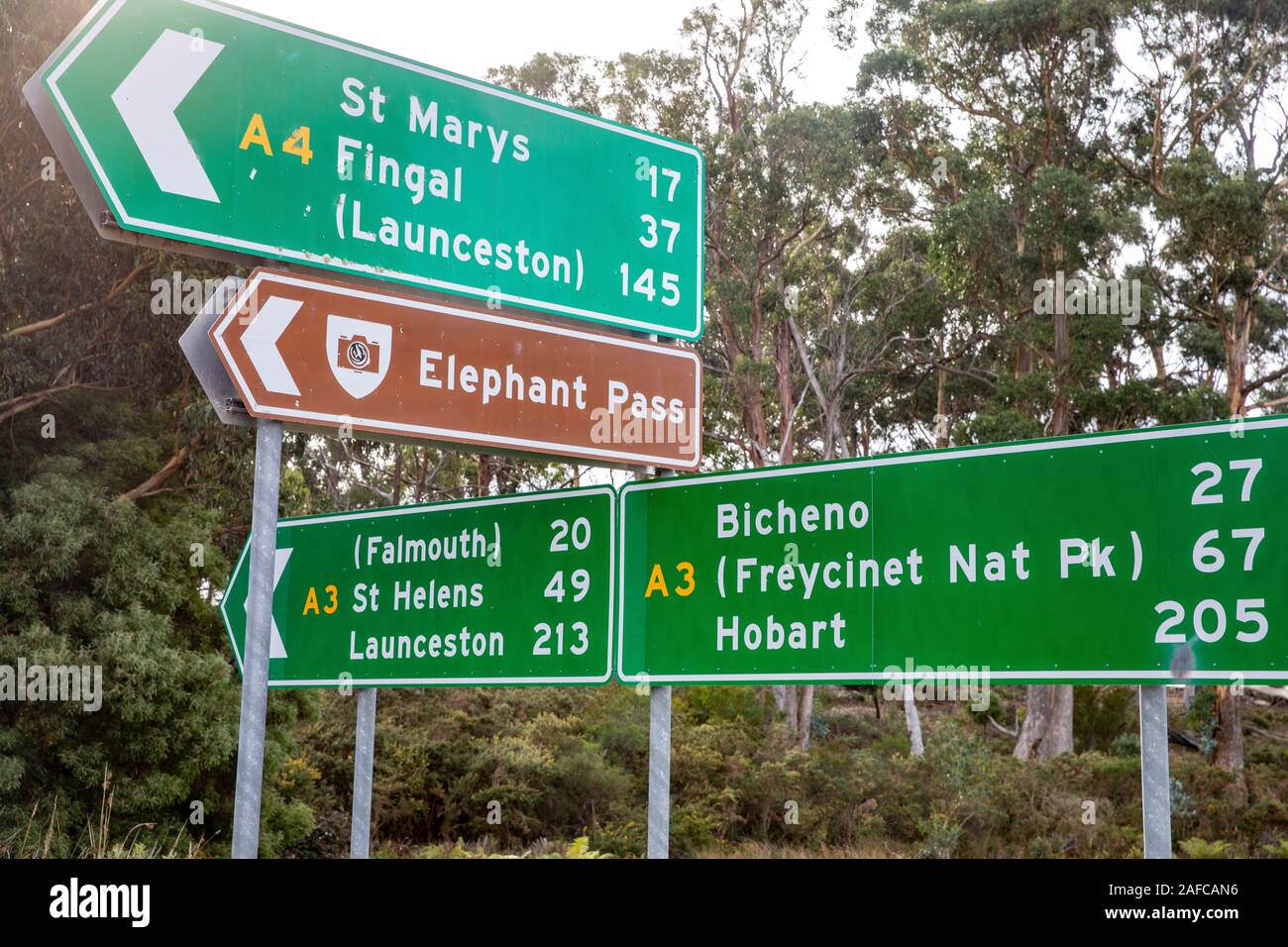 Tasmania Australia road sign giving directions and distances to places of interest Stock Photo