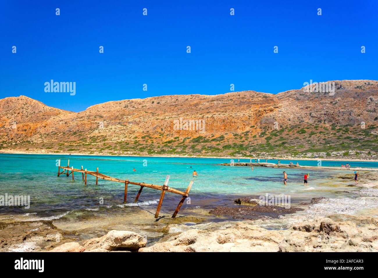 Amazing view of Balos Lagoon withmagical turquoise waters, lagoons, tropical beaches of pure white sand and Gramvousa island on Crete, Greece Stock Photo