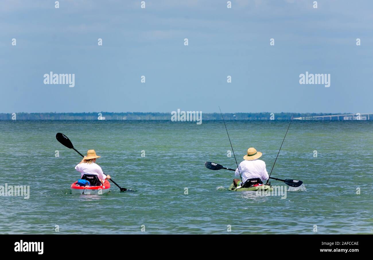 People kayak in St. Joseph Peninsula State Park, Sept. 22, 2019, in Port St. Joe, Florida. Stock Photo