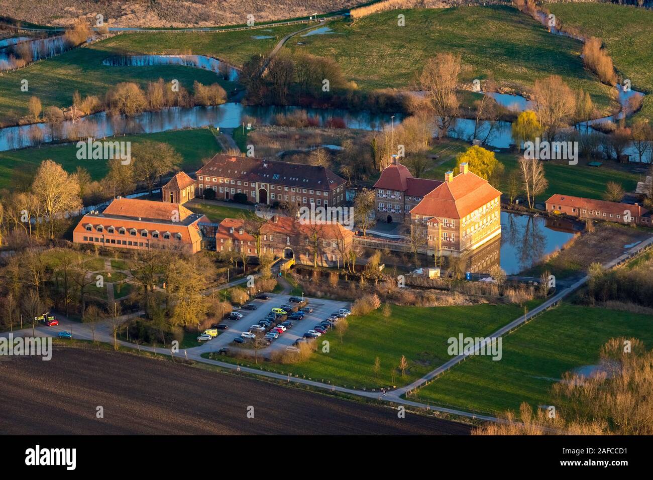 Aerial photo, Castle Oberwerries is a two-winged moated castle in the Lippeauen of the Hammer district Hamm-Heessen.filled moats after construction wo Stock Photo