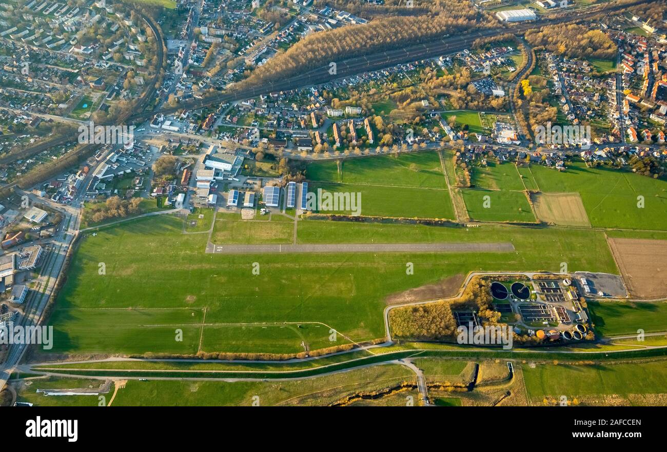 aerial photo, conversion of the Lippewiesen for 'Hamm ans Wasser', airfield Hamm Lippewiesen, EDLH, general aviation, runway, runway, Hamm, Ruhr area, Stock Photo
