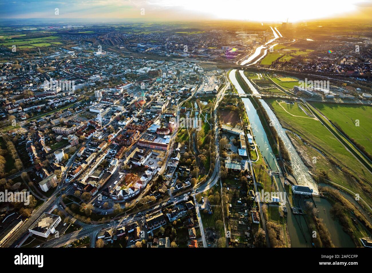 Aerial photograph, view of the city centre of Hamm with conversion of the Lippewiesen for 'Hamm ans Wasser', airfield Hamm Lippewiesen, EDLH, General Stock Photo