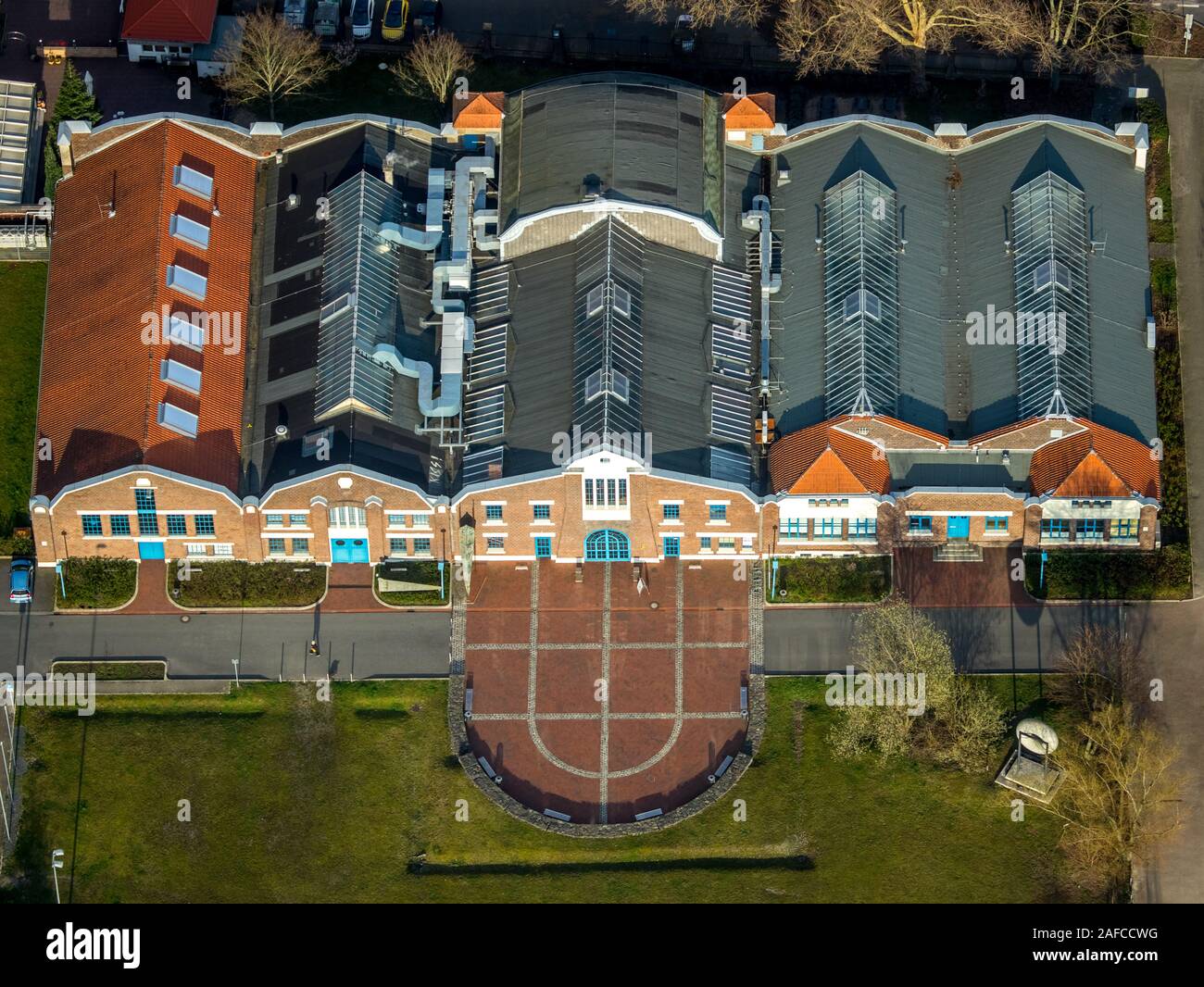 aerial photo, Flottmann-Hallen, event centre, theatre, former factory hall Flottmann, Herne, Ruhr area, North Rhine-Westphalia, Germany, DEU, Europe, Stock Photo