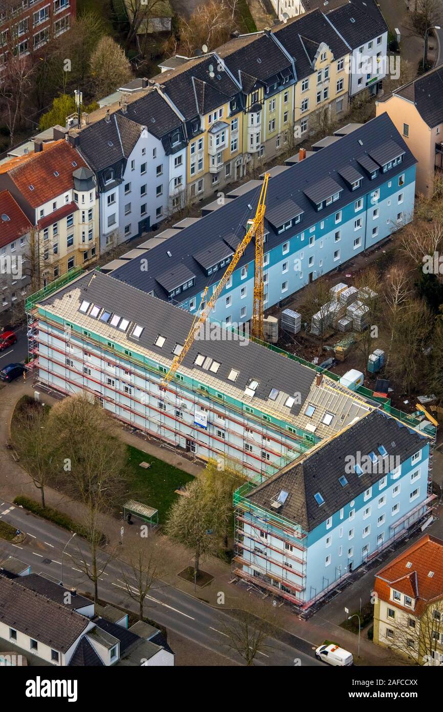aerial photo, renovated, corner house Mont-Cenis-Straße, Sodingen, Herne, Ruhr area, North Rhine-Westphalia, Germany, DEU, Europe, birds-eyes view, ae Stock Photo