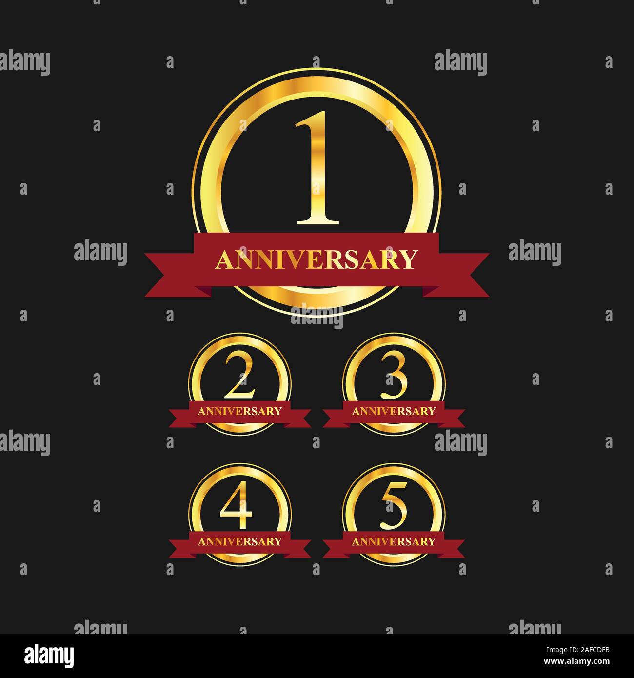 1 to 5 year anniversary gold label vector image. Golden anniversary label vector logo design set Stock Vector