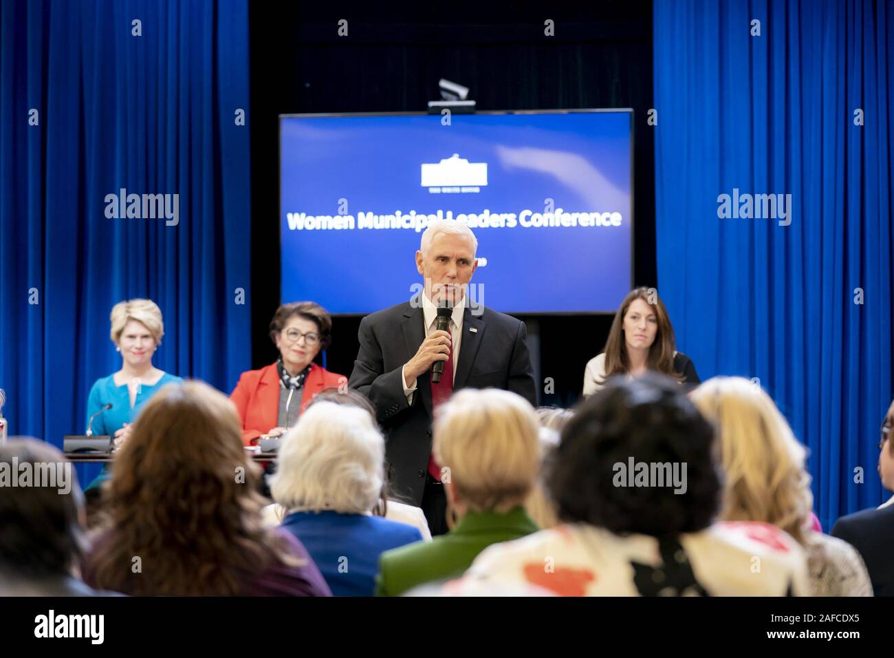 Washington, United States Of America. 12th Dec, 2019. Vice President Mike Pence delivers remarks at the White HouseÕs Women Municipal Leaders Conference Thursday, Dec. 12, 2019, in the South Court Auditorium of the Eisenhower Executive Office Building of the White House. People: Vice President Mike Pence Credit: Storms Media Group/Alamy Live News Stock Photo