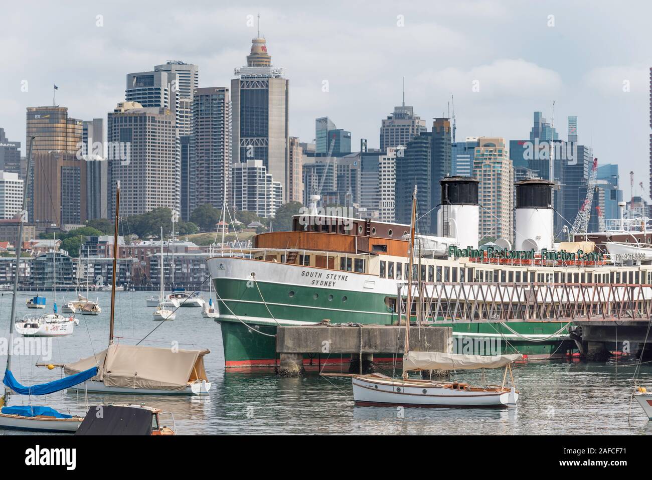 The 1938 built South Steyne, Sydney Harbour Ferry was retired in 1974 and has since been used as a floating restaurant and Olympics information centre Stock Photo