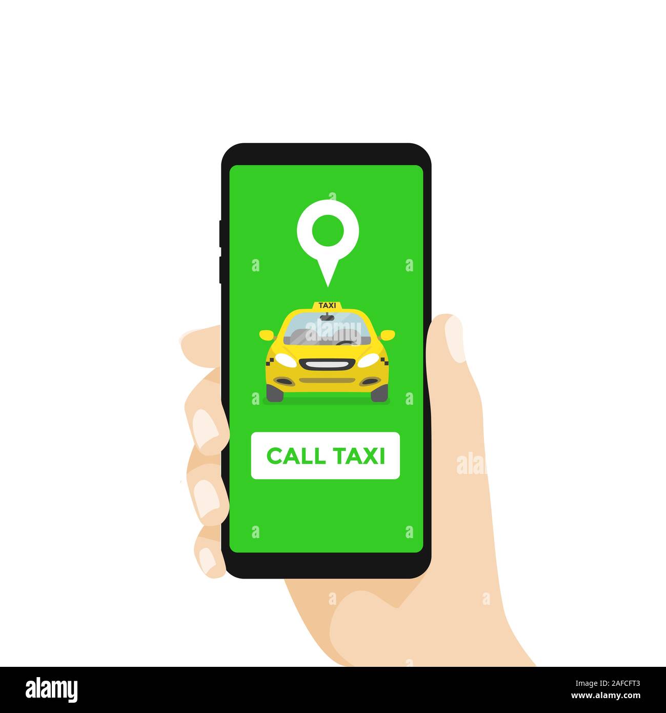 Hand Holding Smartphone and Call taxi by phone. Booking Taxi Via Mobile App. Stock Vector