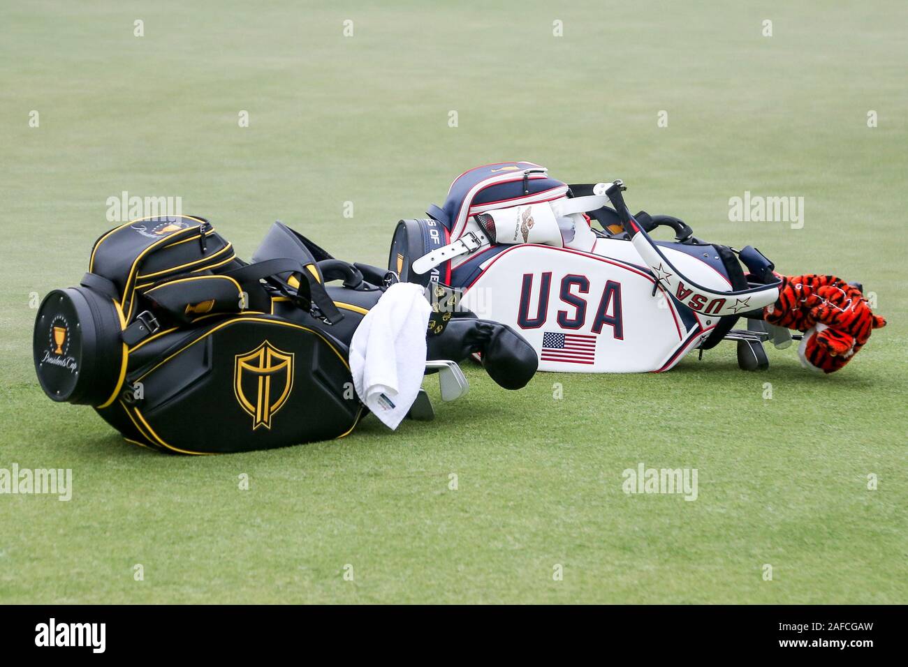 Melbourne, Victoria, Australia. 14th Dec, 2019. The International and United States team golf bags during the final round of the 2019 Presidents Cup at The Royal Melbourne Club. Credit: Debby Wong/ZUMA Wire/Alamy Live News Stock Photo
