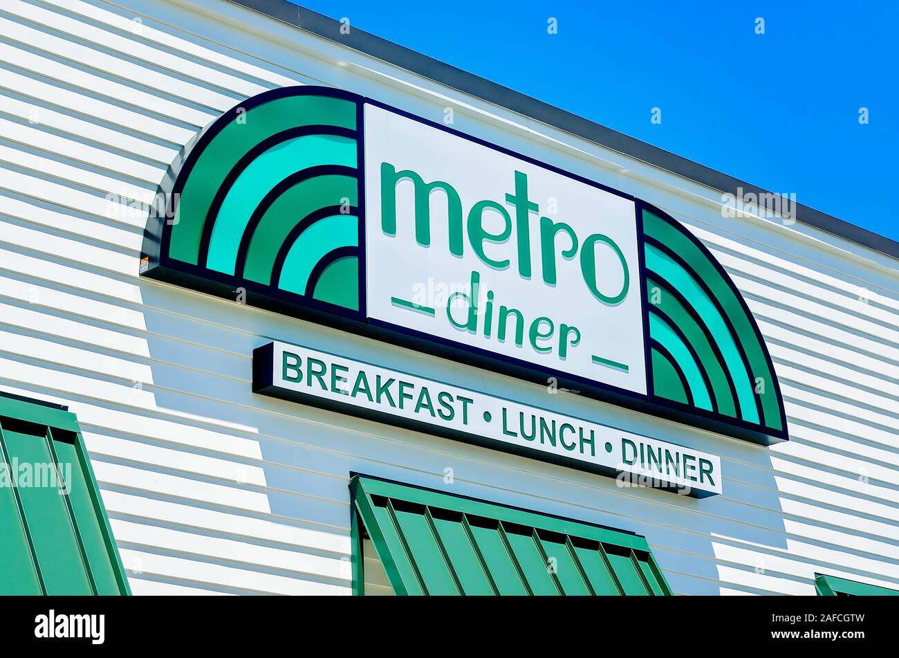 The Metro Diner sign is pictured in Huntsville, Alabama. The fast-growing restaurant chain was founded in 1992 in Jacksonville, Florida. Stock Photo