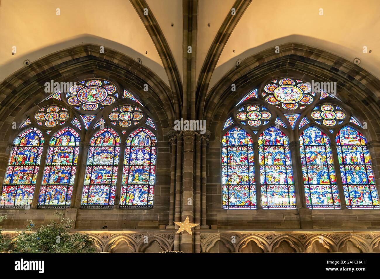 Strasbourg, France december 1,2019 Stained glass windows inside of