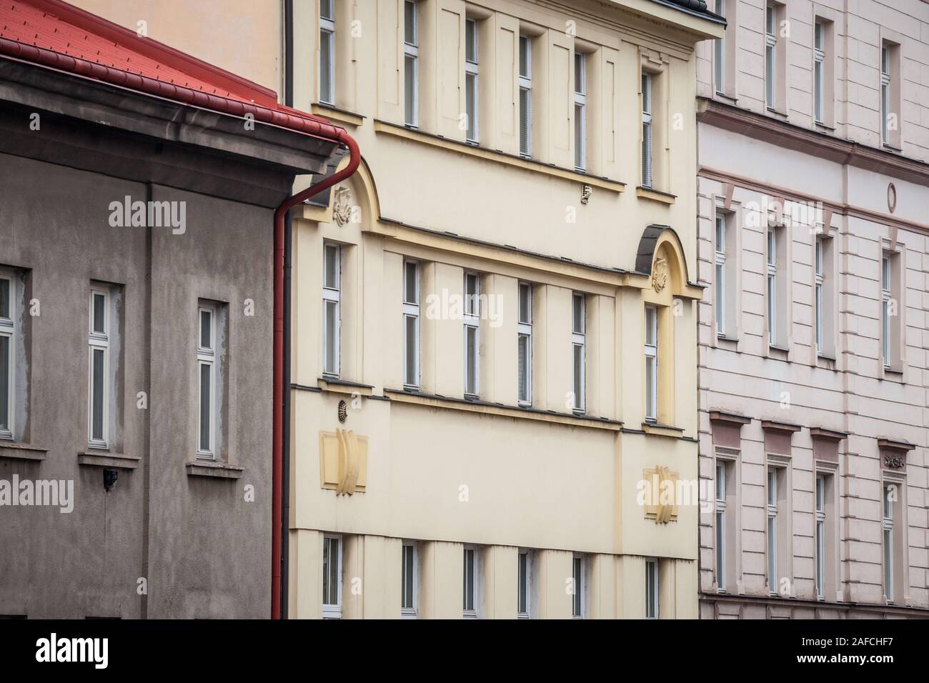 Facade of Old residential buildings from the 1930's in the city center of Prague, Czech Republic, used for accommodation on the real estate market.  P Stock Photo