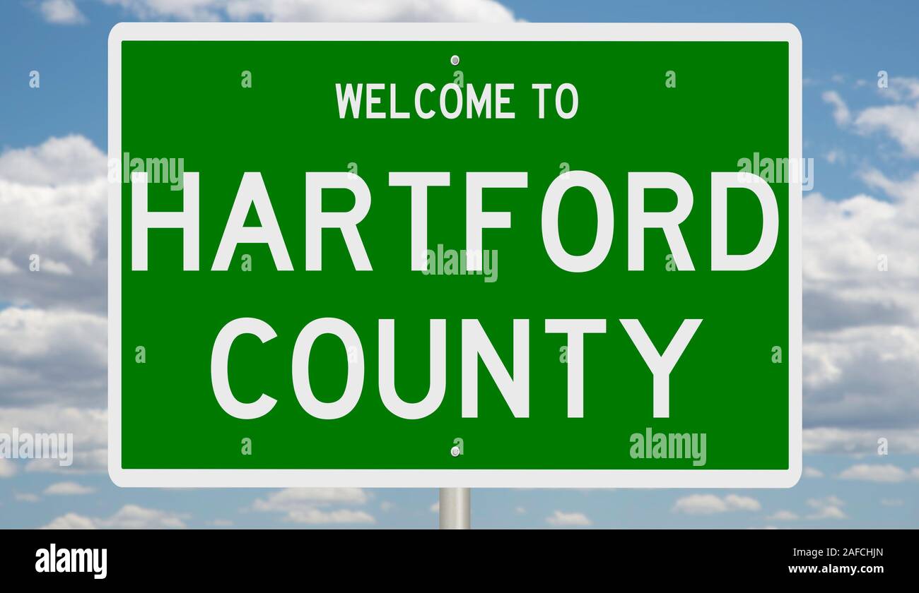 Rendering of a green 3d highway sign for Hartford County Stock Photo