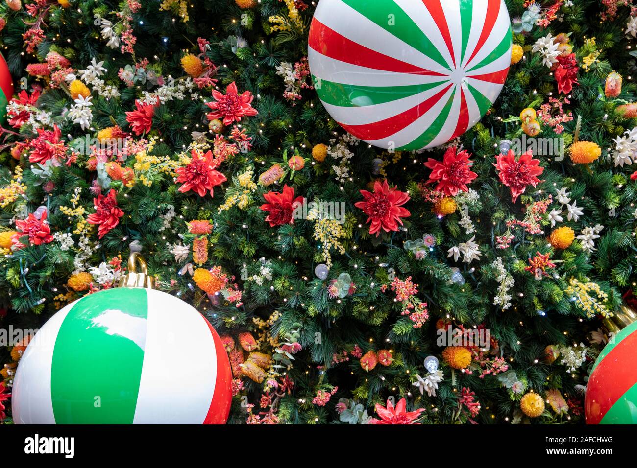 Christmas decorations closeup on Sydney public christmas tree in martin