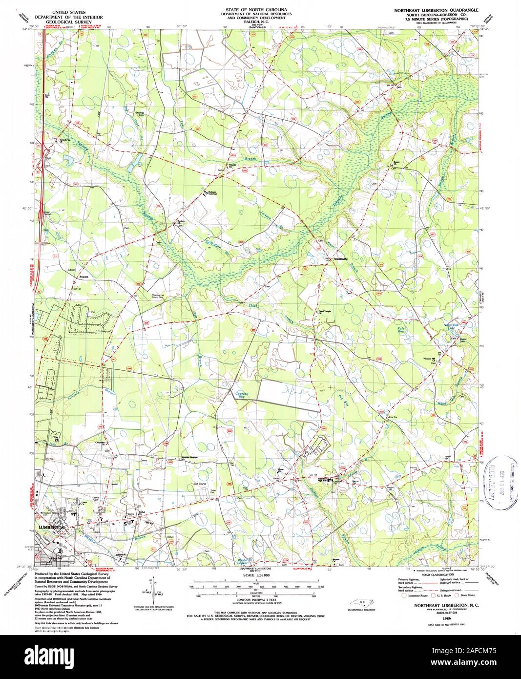 USGS TOPO Map North Carolina NC Northeast Lumberton 162954 1986 24000