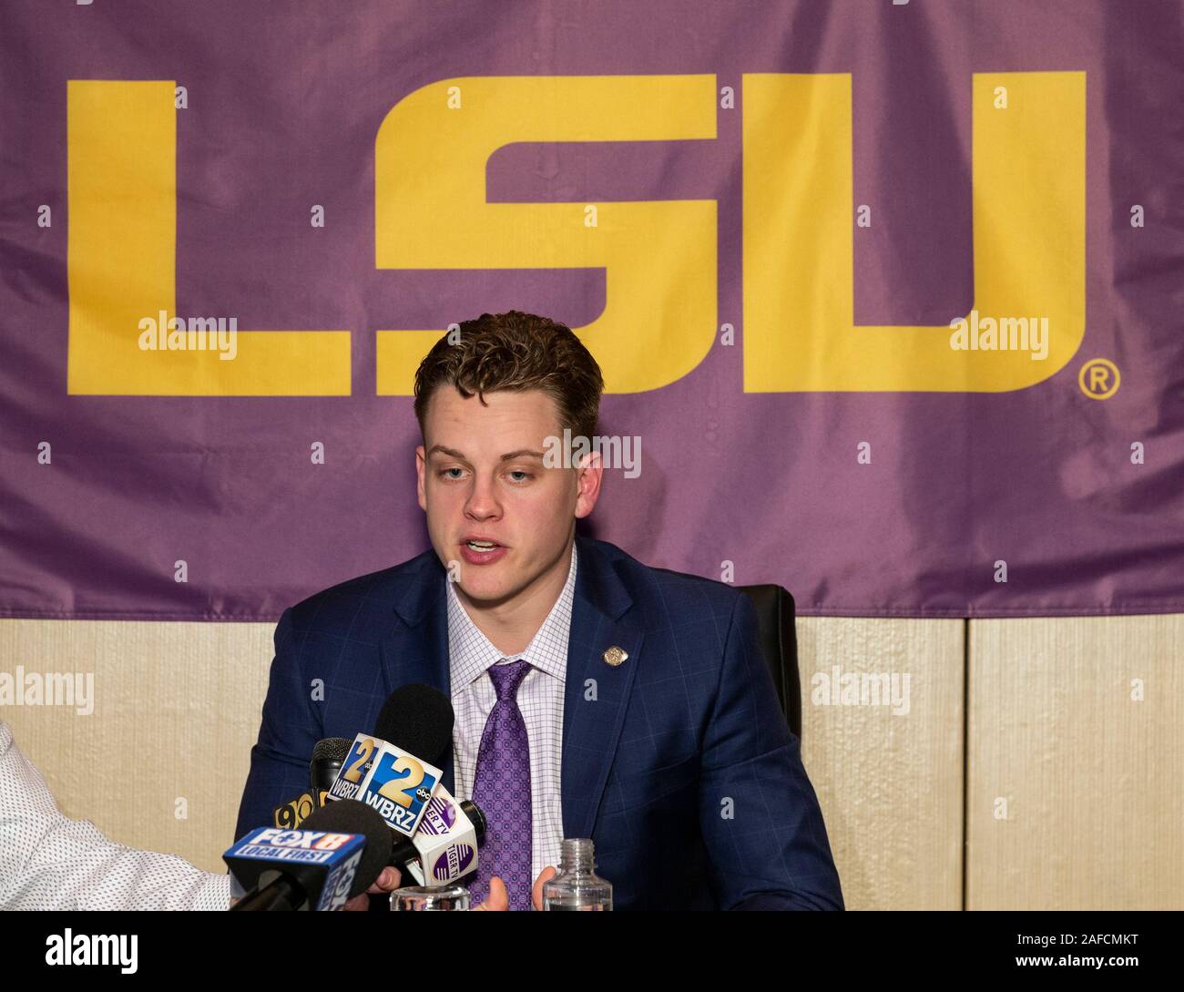 New York, NY - December 14, 2019: LSU Quarterback Joe Burrow addresses  media during pre-announcement press conference of 85th annual Heisman  Memorial Trophy at the Marriott Marquis Hotel Stock Photo - Alamy