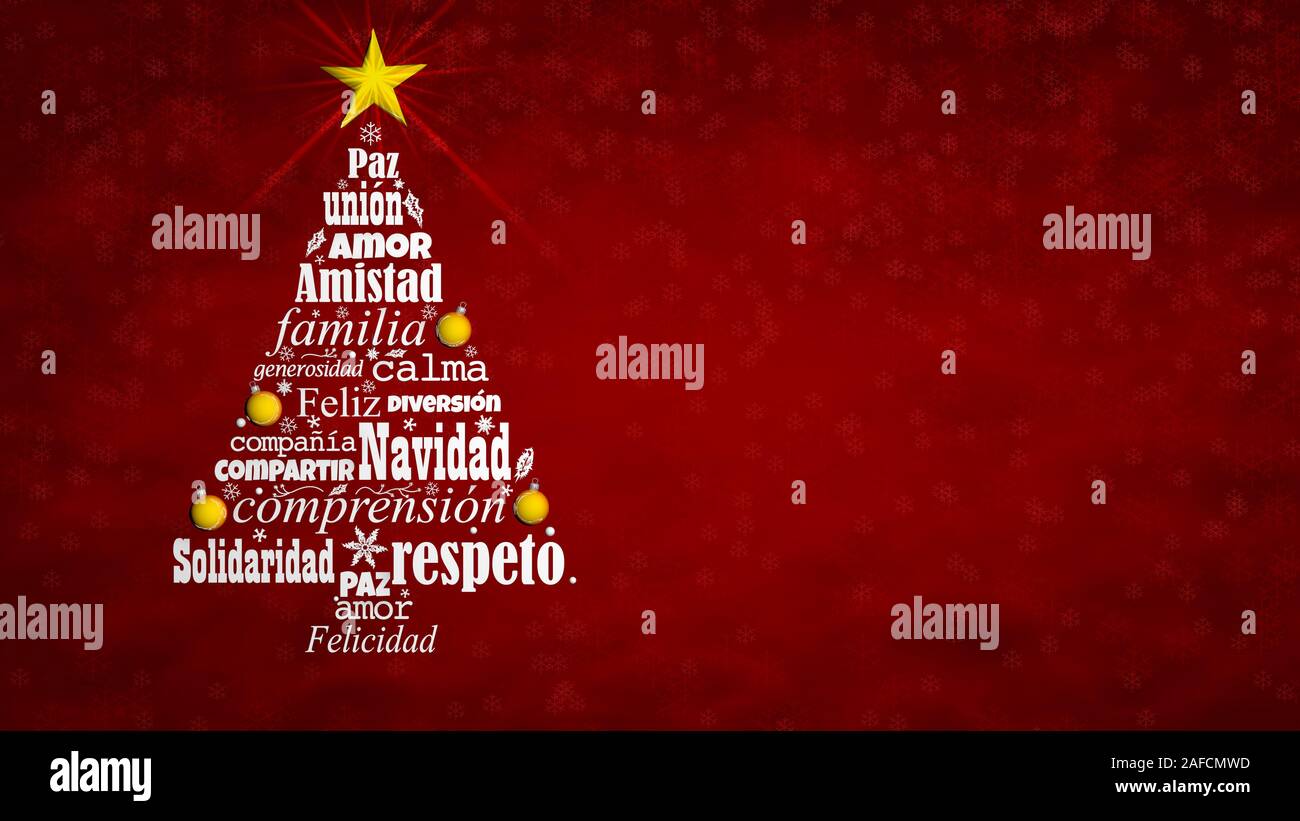 Greeting card of Feliz Navidad - Merry Christmas in Spanish language. Word cloud forming a Christmas tree with a bright star on the tip on a red back Stock Photo