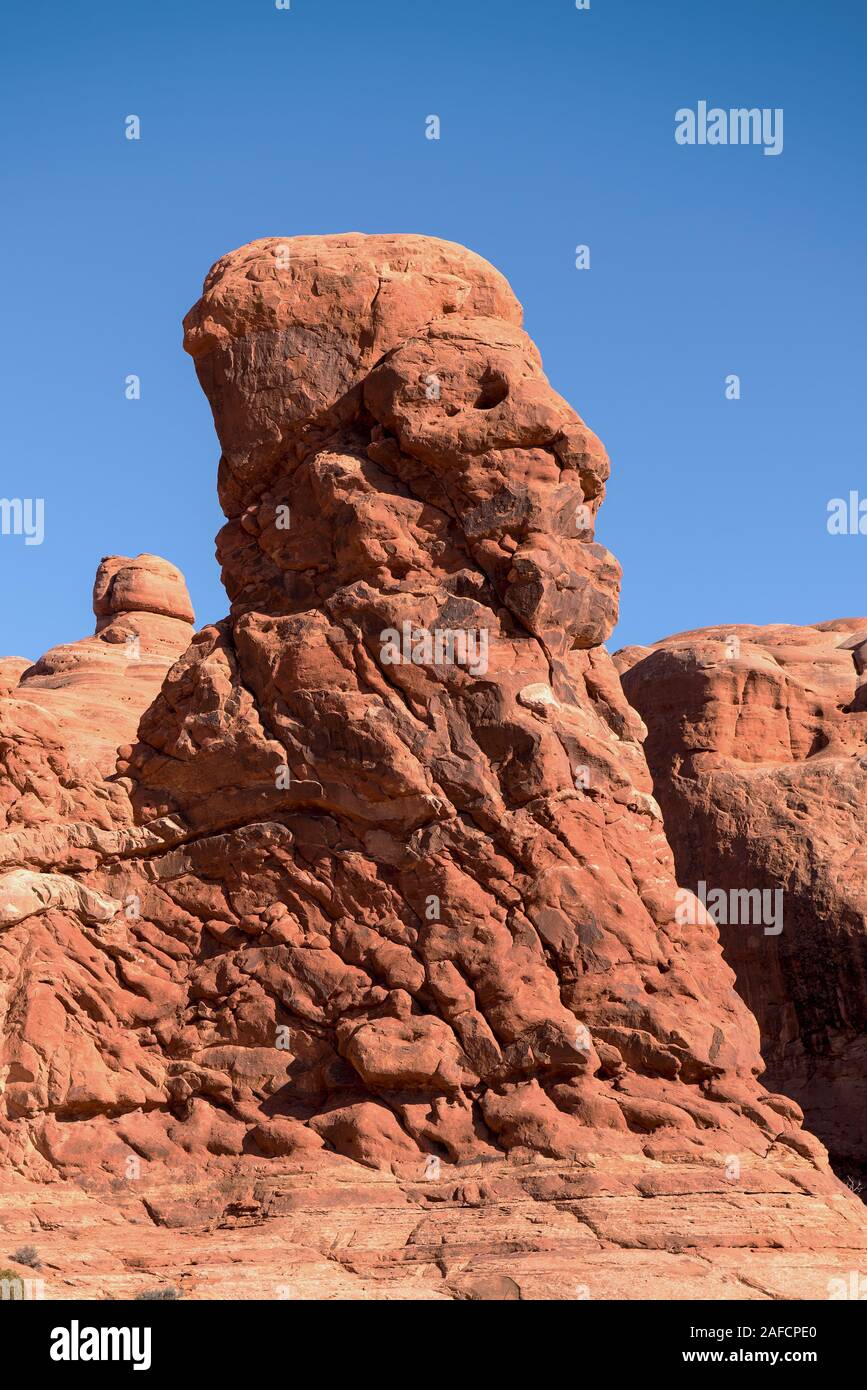 Bizarre rock formation on the short hike to the double arch in Arches National Park, Utah Stock Photo