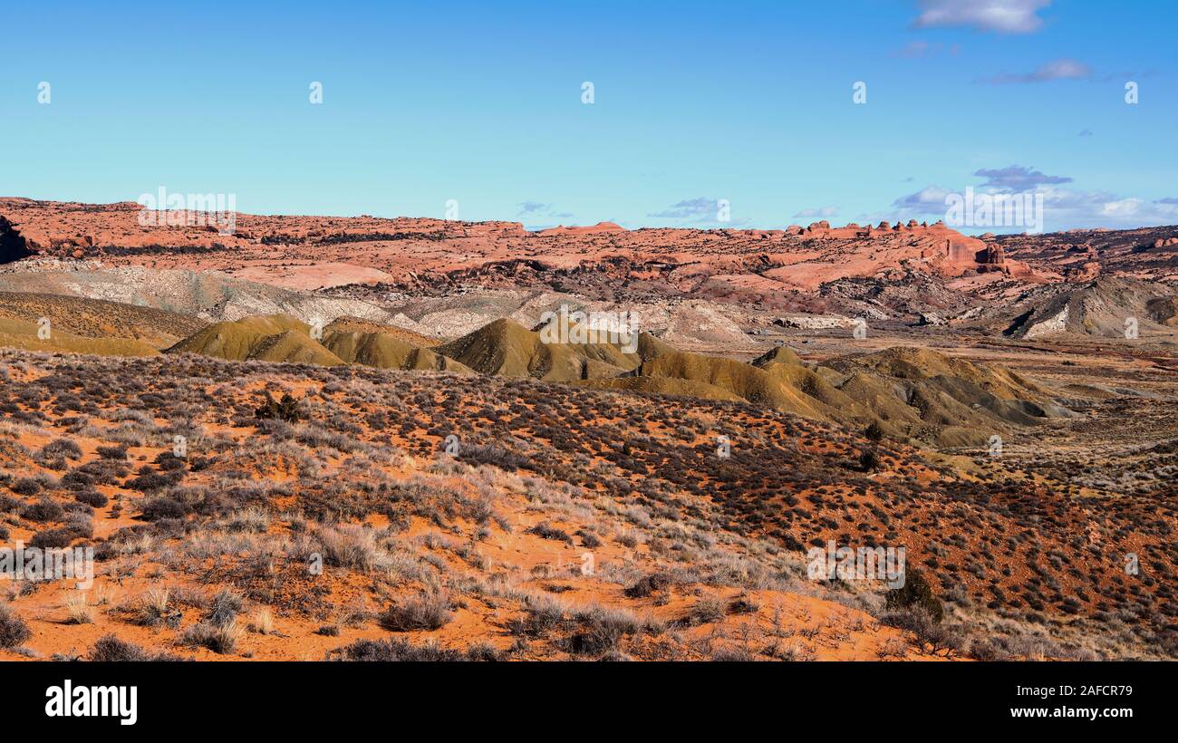Green mounds on Delicate Arch Road in Arches National Park, Utah Stock Photo