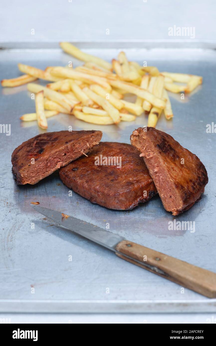 Vivera steak. Vegan steak and fries. Plant based meat free alternative made from rehydrated soya
