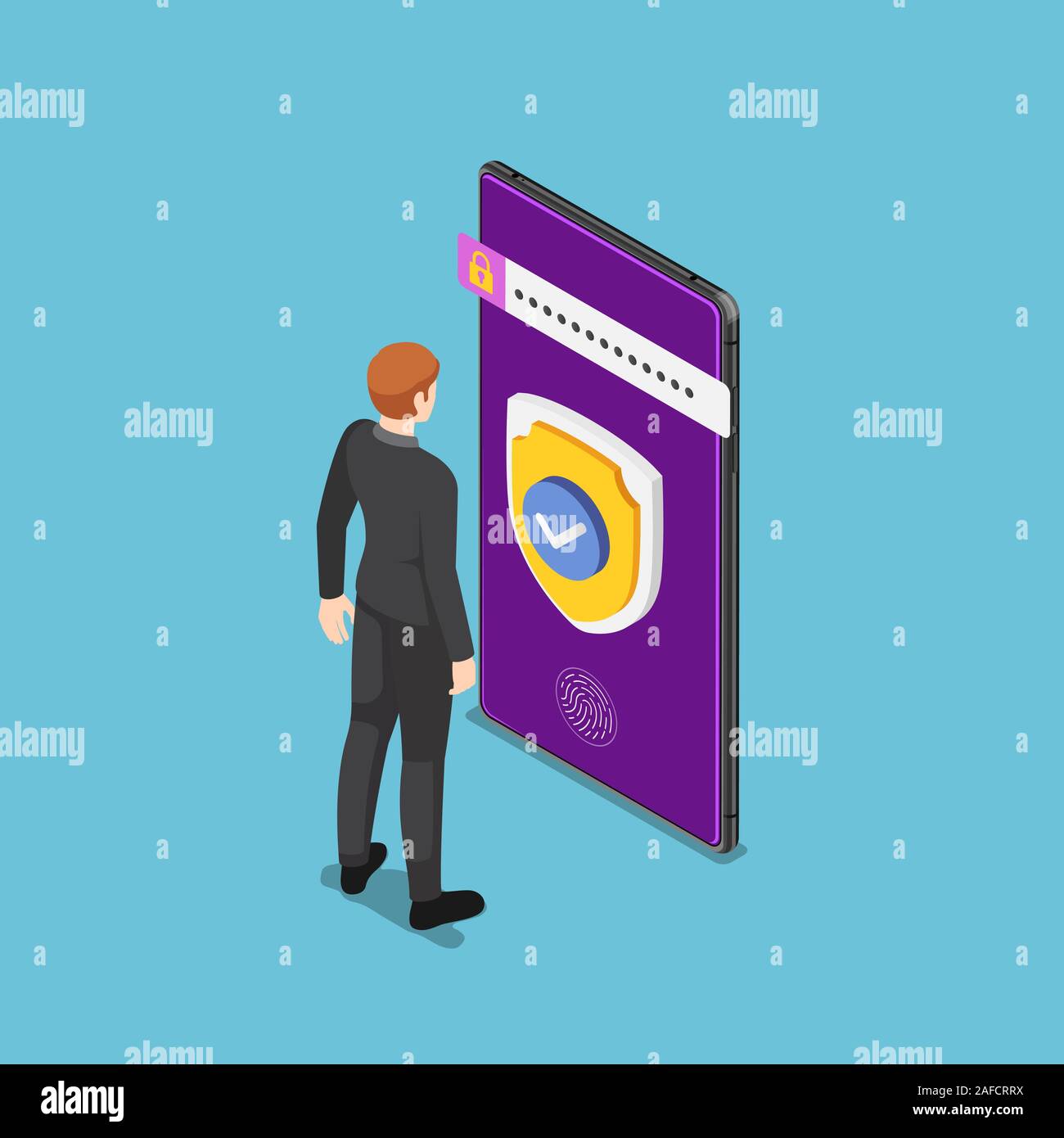 Flat 3d isometric businessman standing with shield and security system ...